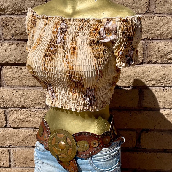 SANS SOUCI Sequin Camo OFF SHOULDER Stretch Fit Crop TOP O/S As-Is - Picture 15 of 16